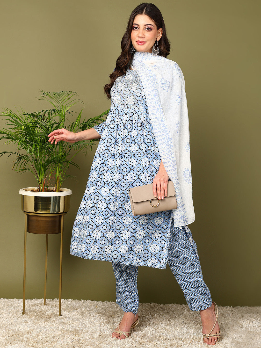 Printed Viscose Rayon 3/4 Sleeve Kurta And Trouser Set With Dupatta