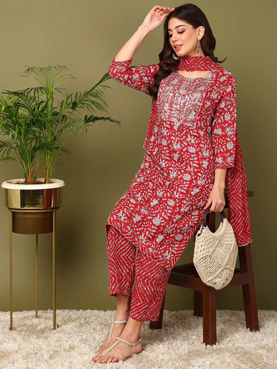 Printed Viscose Rayon 3/4 Sleeve Kurta And Trouser Set With Dupatta