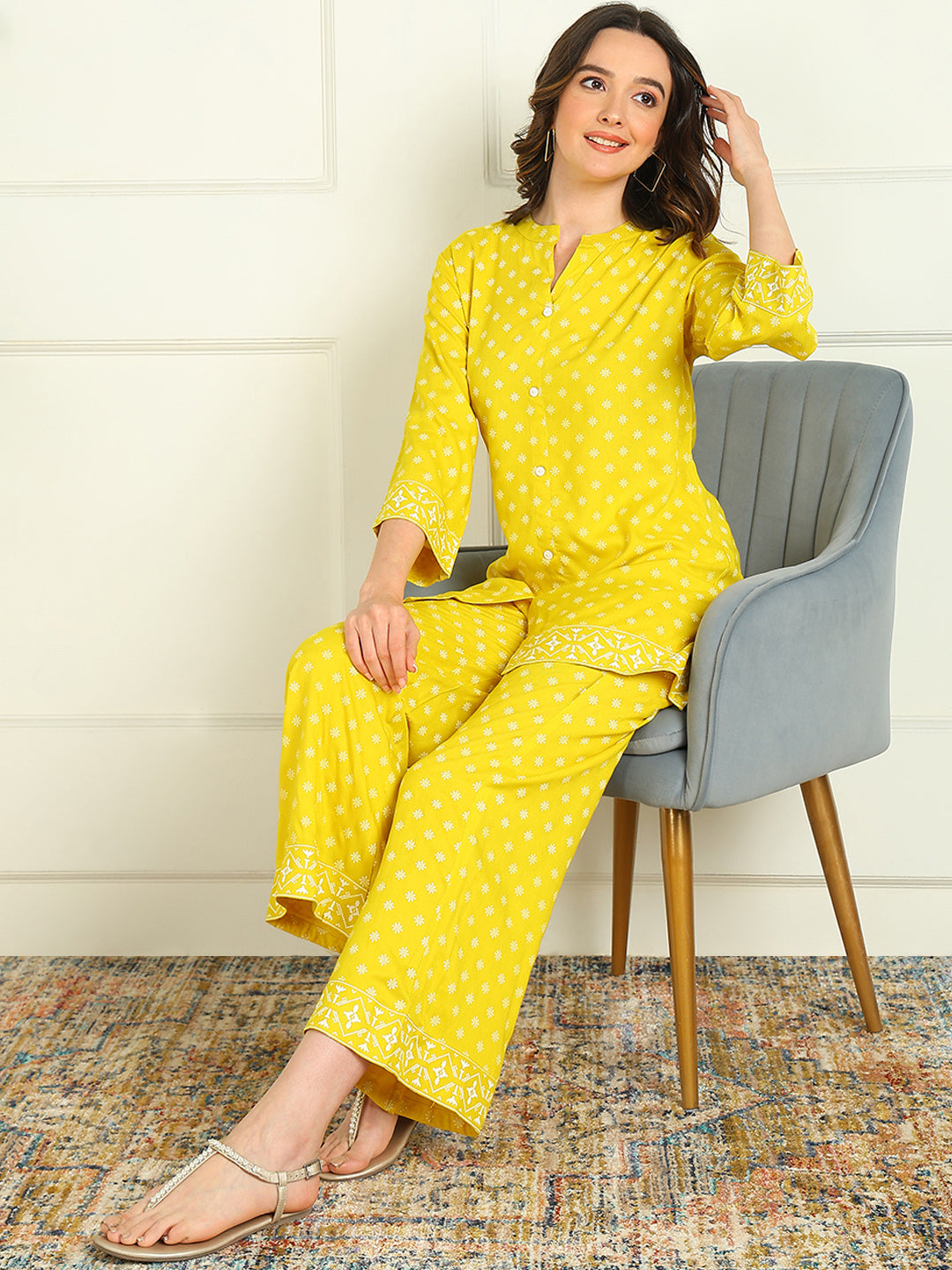 Printed Viscose Rayon 3/4 Sleeve Kurti And Trouser Set