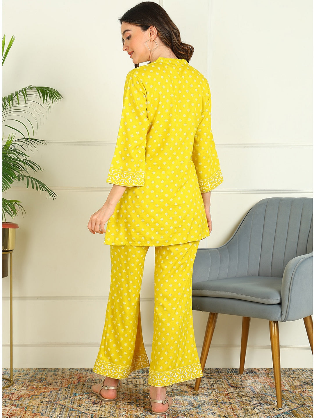 Printed Viscose Rayon 3/4 Sleeve Kurti And Trouser Set