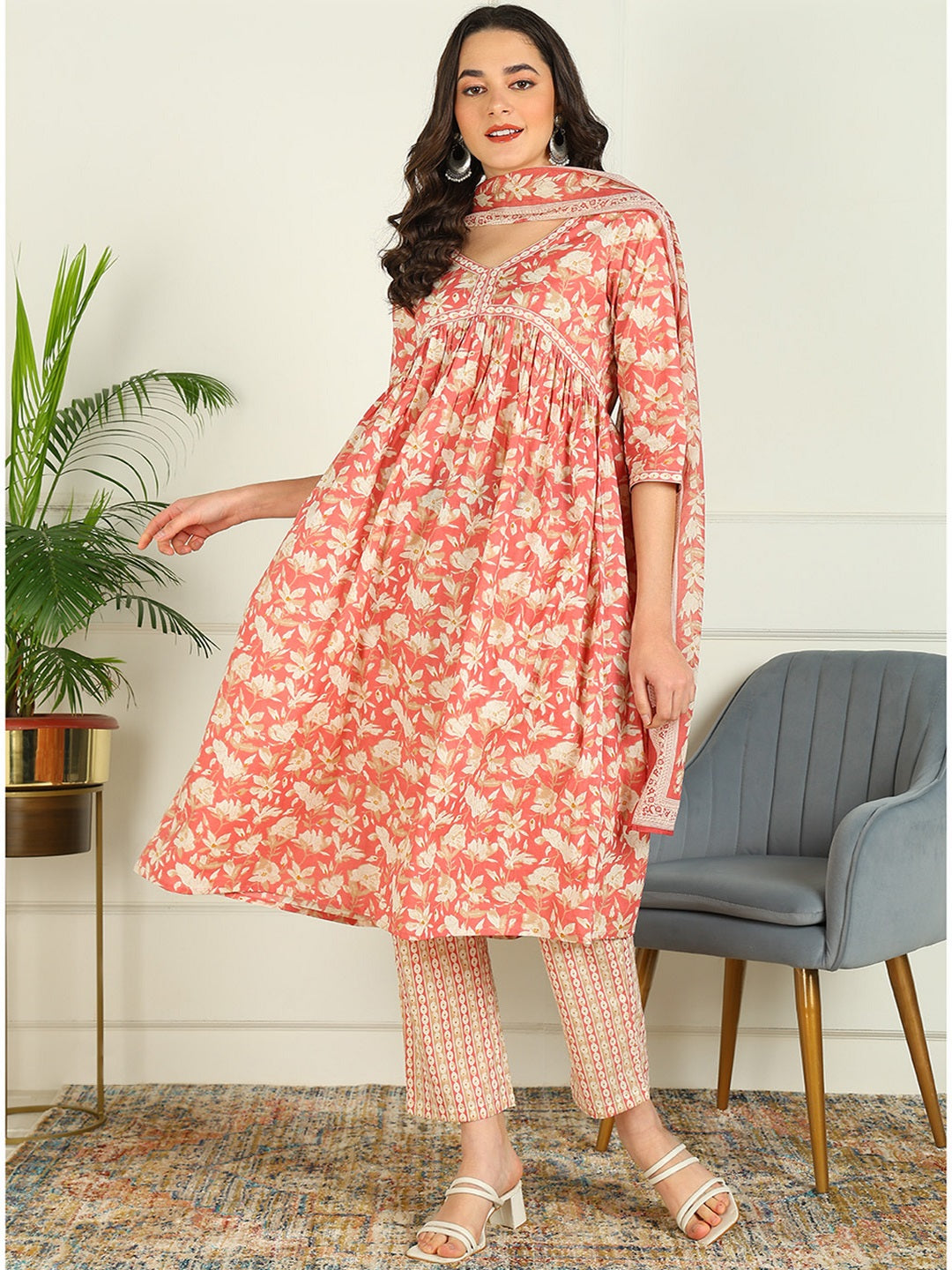 Printed Pure Cotton 3/4 Sleeve Kurta And Trouser Set With Dupatta