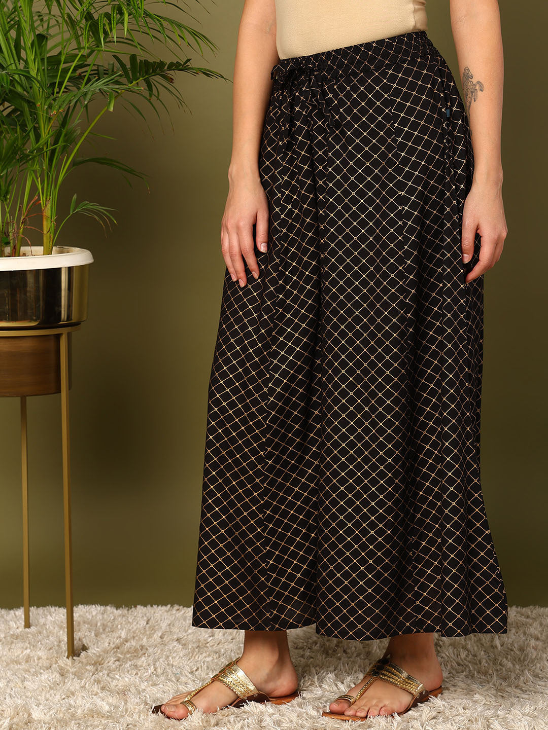 Black Viscose Rayon Printed Palazzos