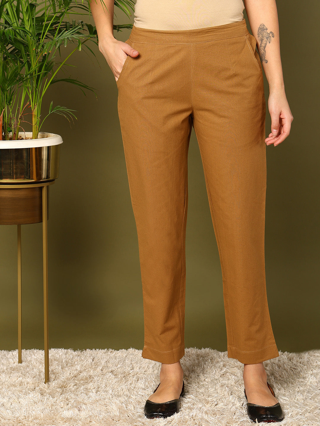 Brown Pure Cotton Solid Casual Trousers