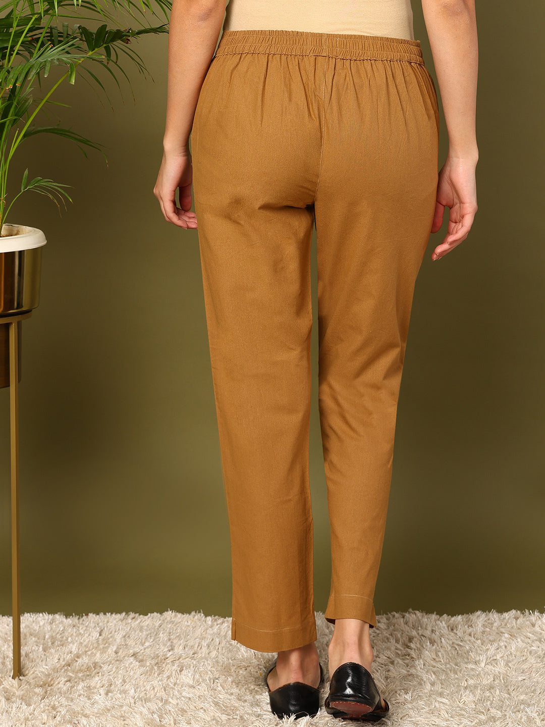 Brown Pure Cotton Solid Casual Trousers