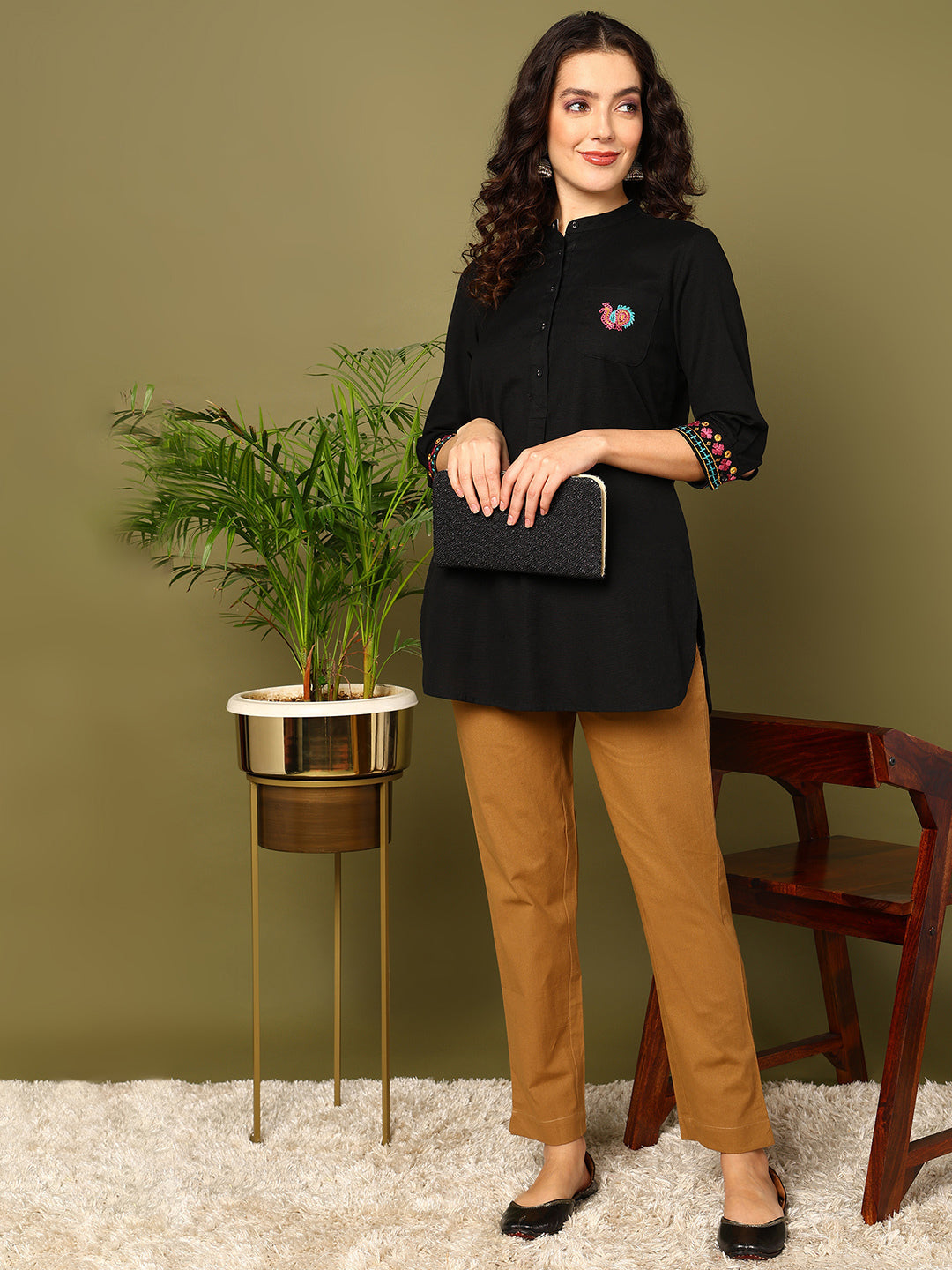 Brown Pure Cotton Solid Casual Trousers