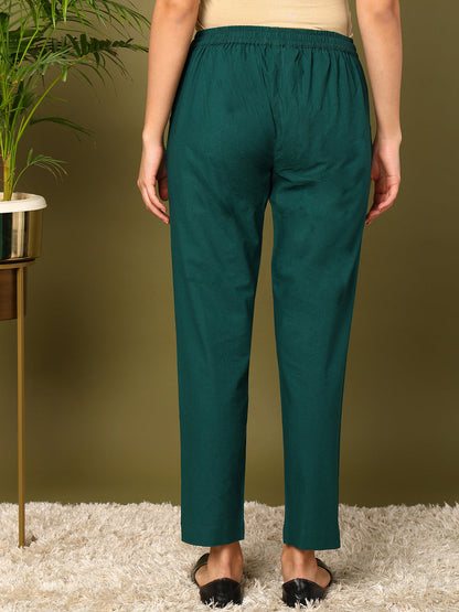 Green Pure Cotton Solid Casual Trousers