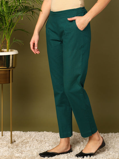 Green Pure Cotton Solid Casual Trousers