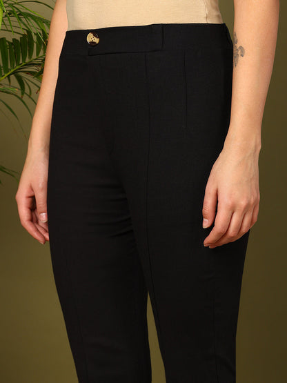 Black Lycra Blend Solid Bootcut Trousers
