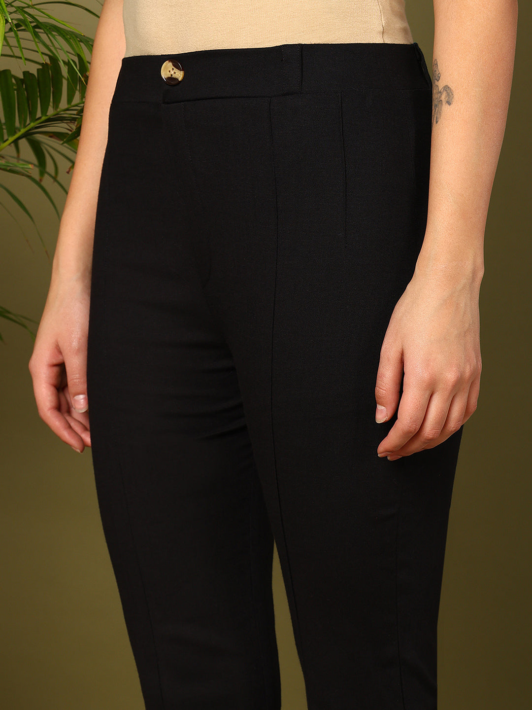 Black Lycra Blend Solid Bootcut Trousers