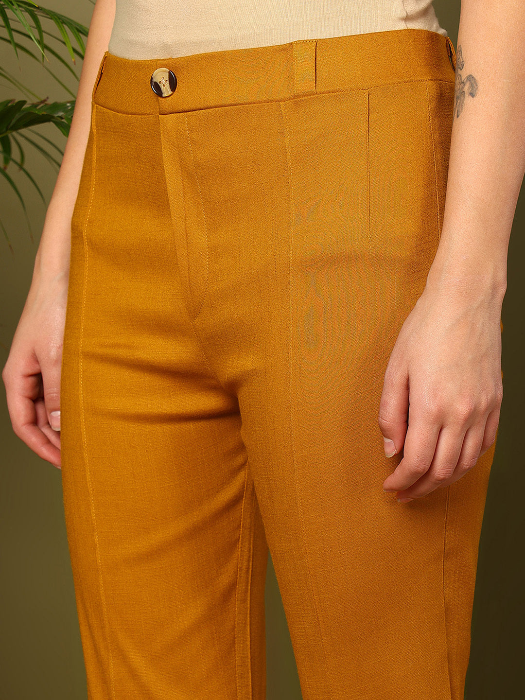 Yellow Lycra Blend Solid Bootcut Trousers