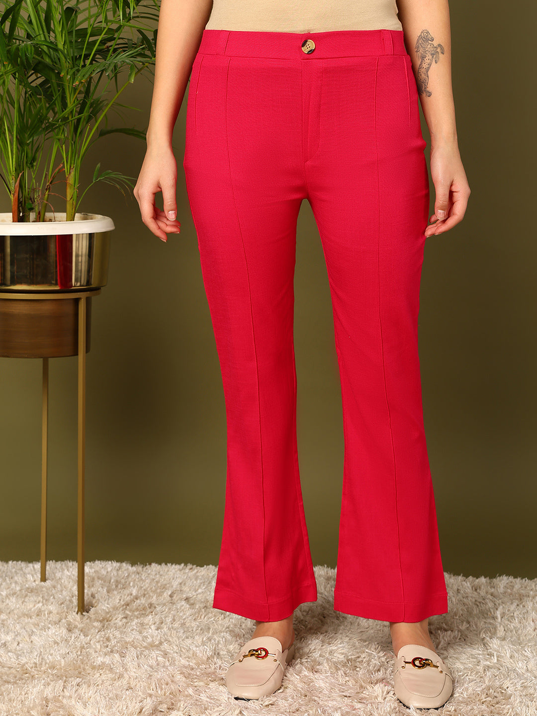 Pink Lycra Blend Solid Bootcut Trousers