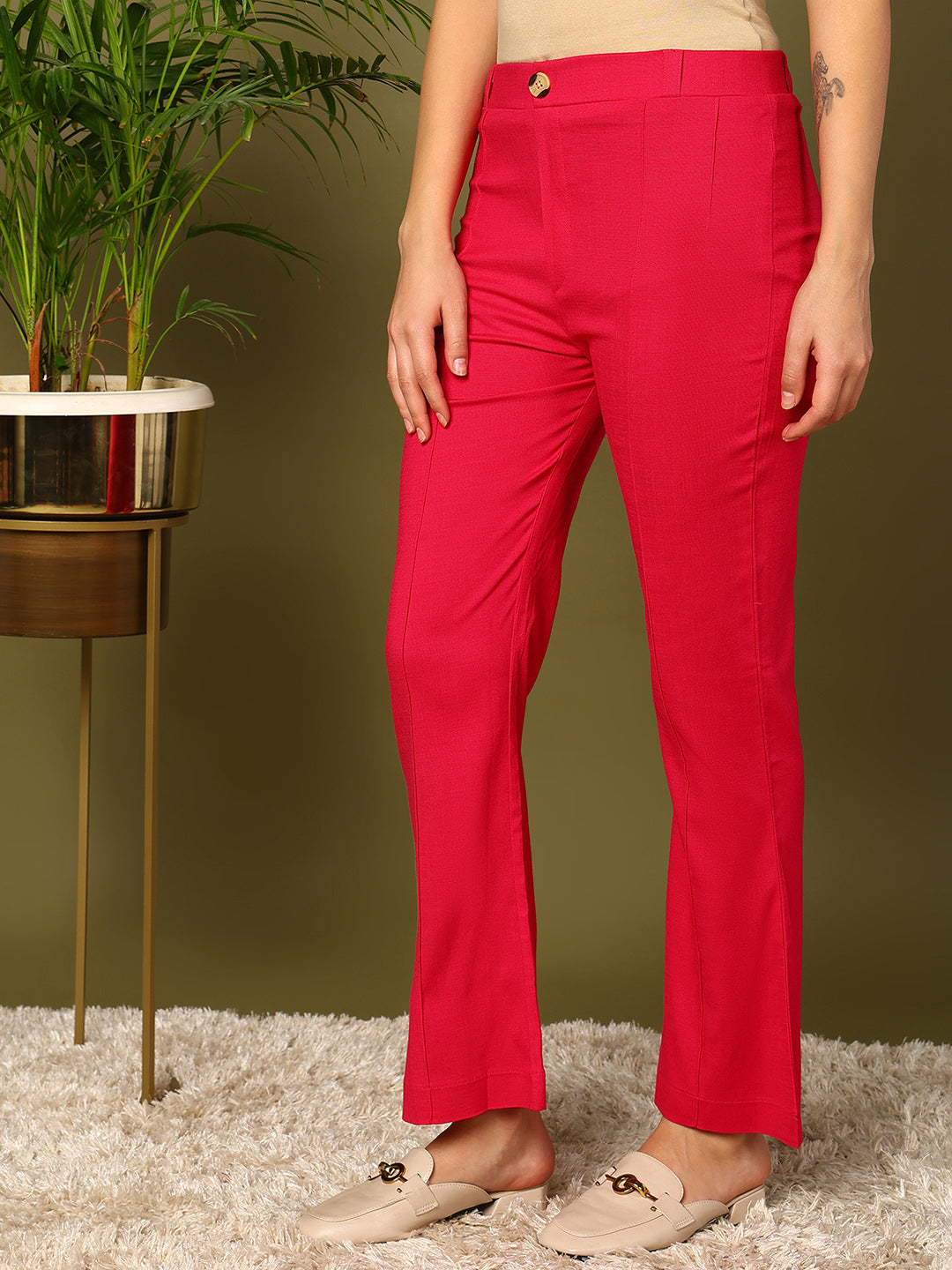 Pink Lycra Blend Solid Bootcut Trousers