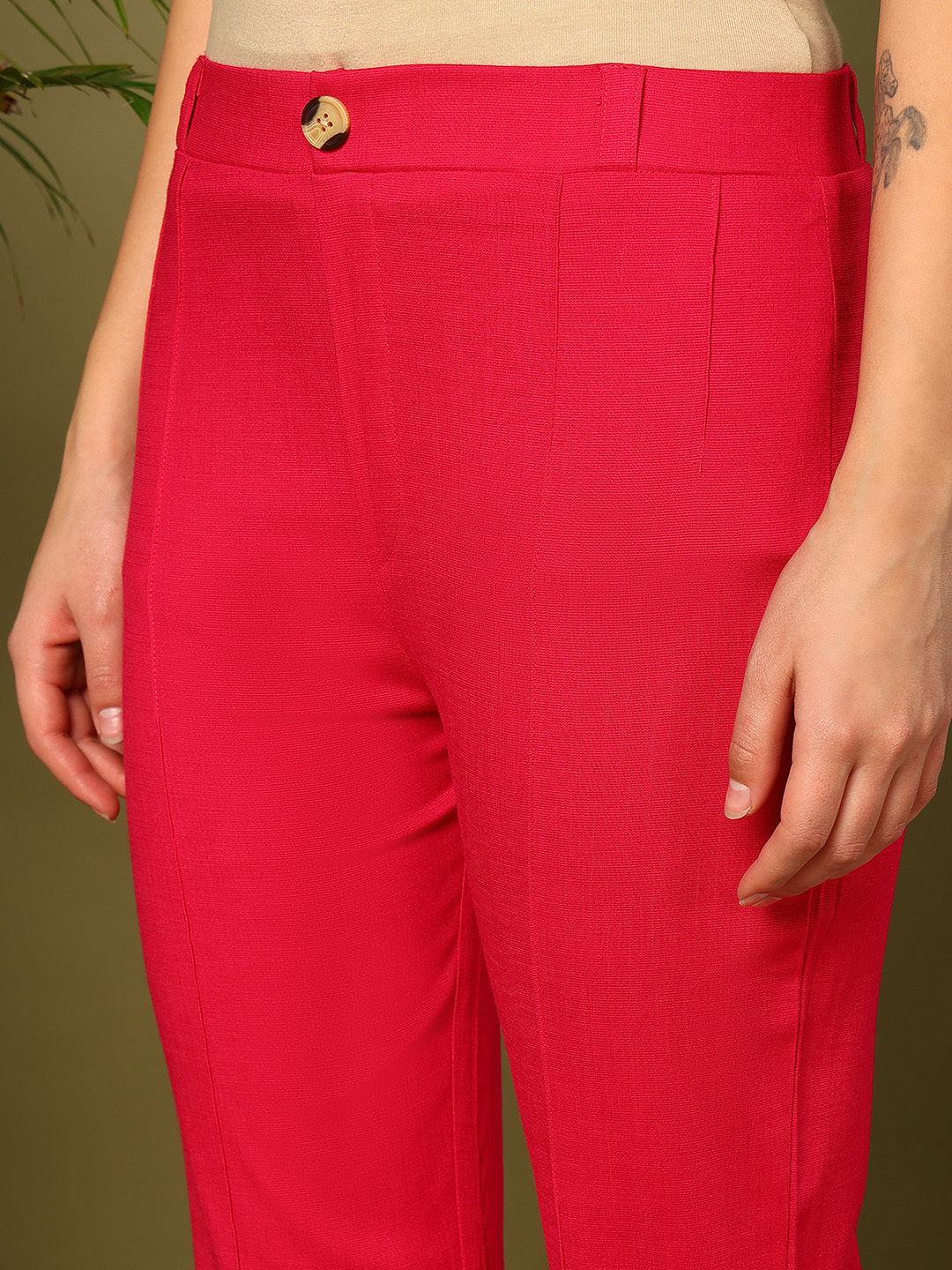 Pink Lycra Blend Solid Bootcut Trousers
