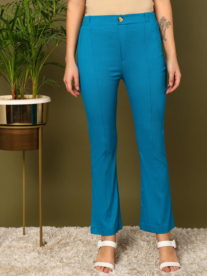 Blue Lycra Blend Solid Bootcut Trousers