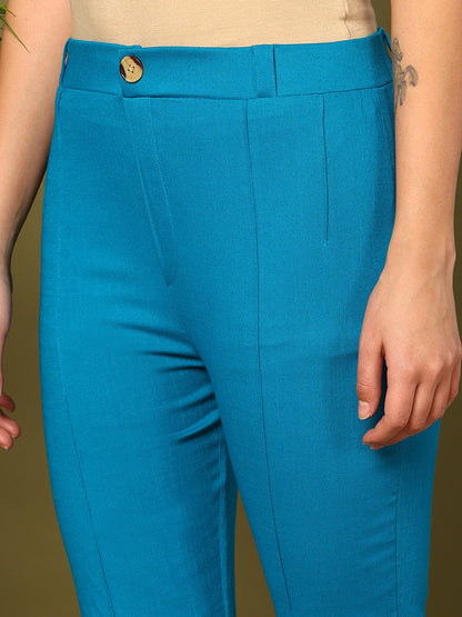 Blue Lycra Blend Solid Bootcut Trousers