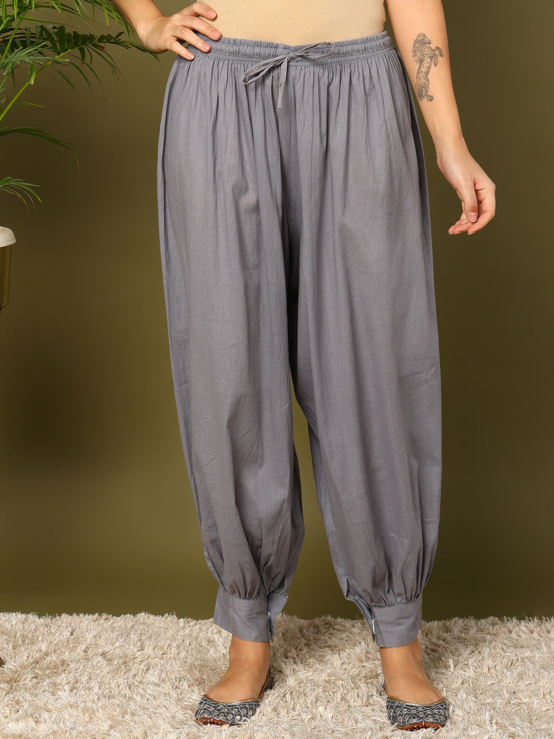 Grey Cotton Solid Harem Pants