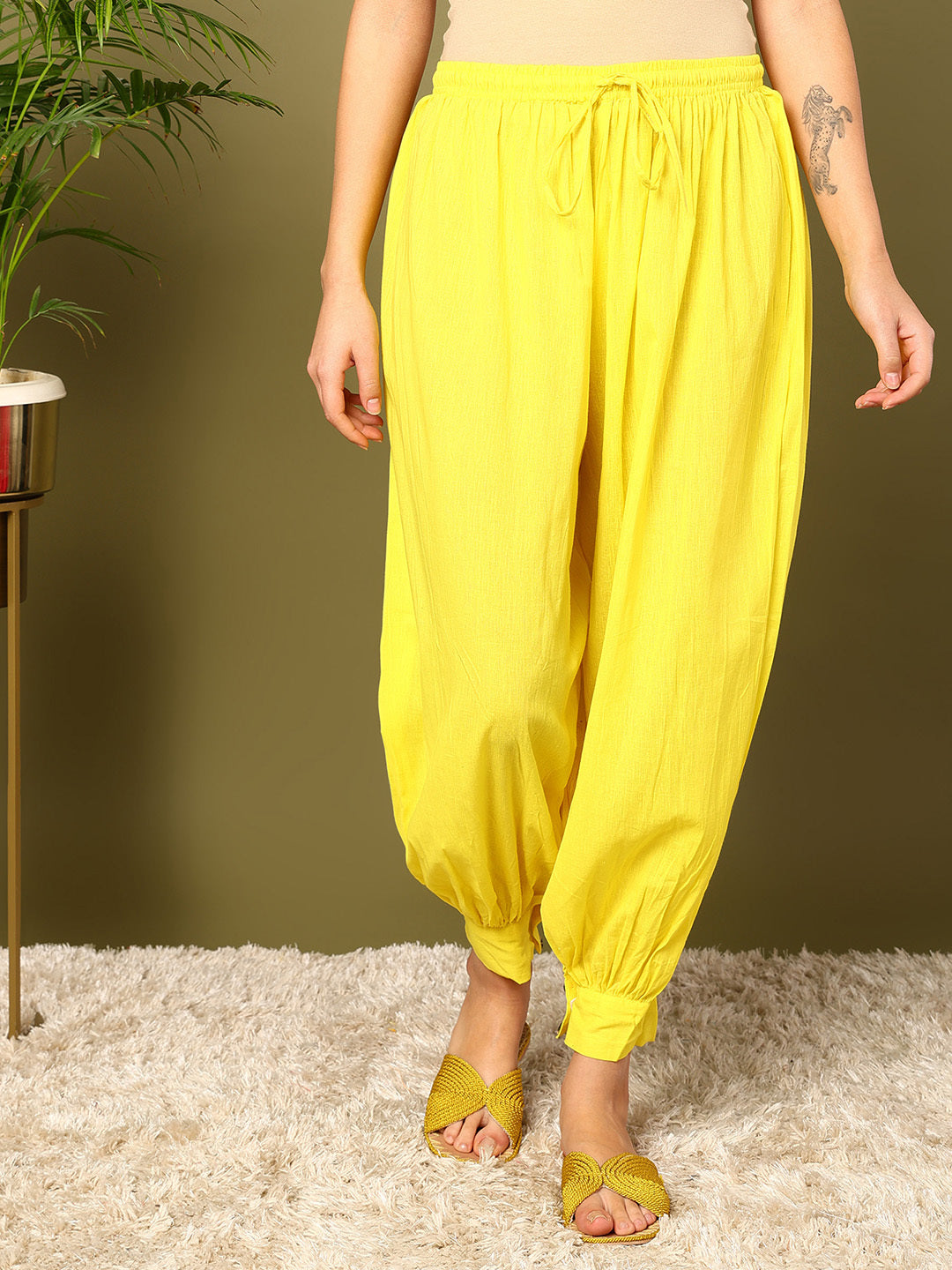 Yellow Cotton Solid Harem Pants