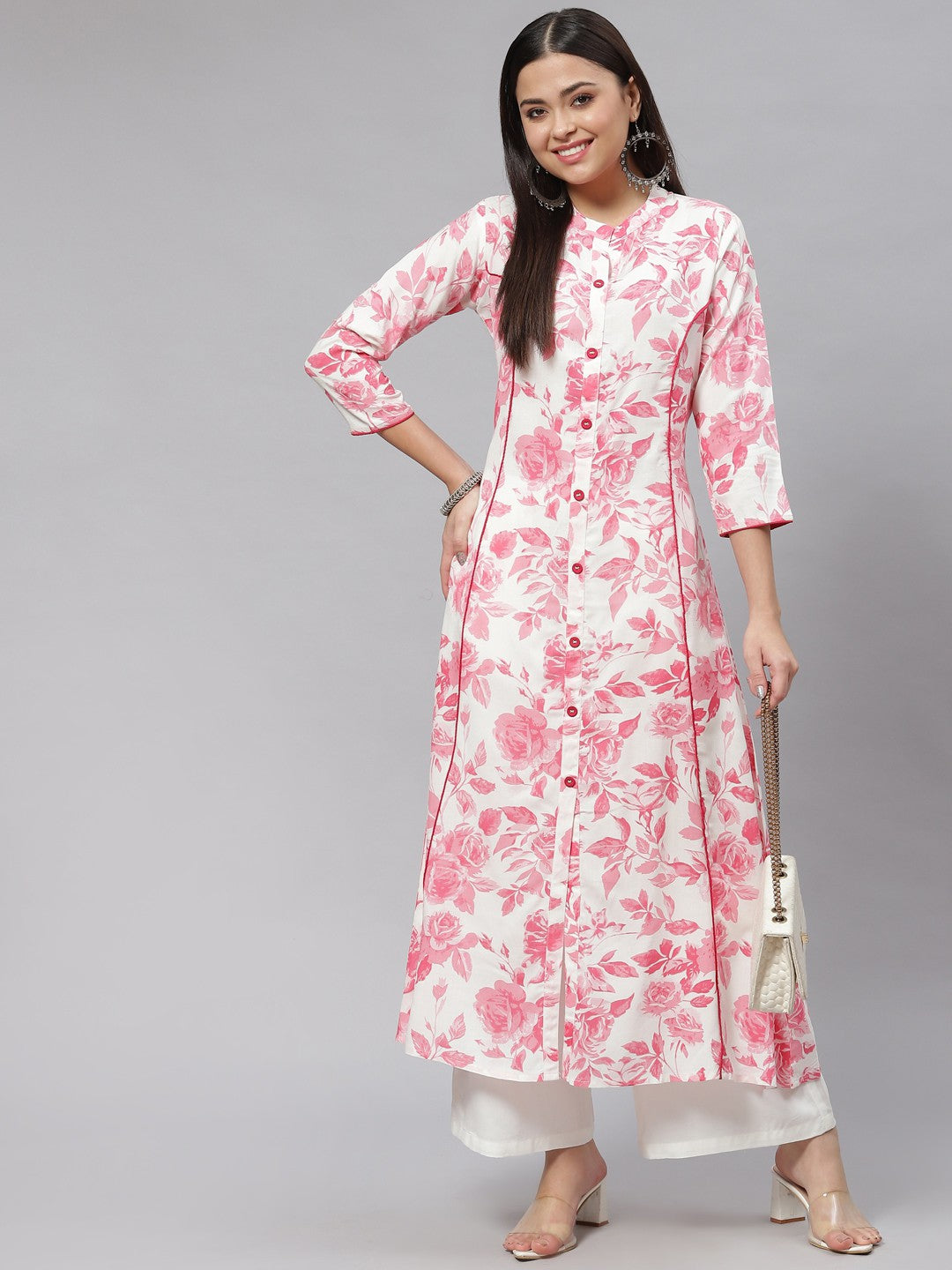 A-line Floral Print Viscose Rayon Kurta