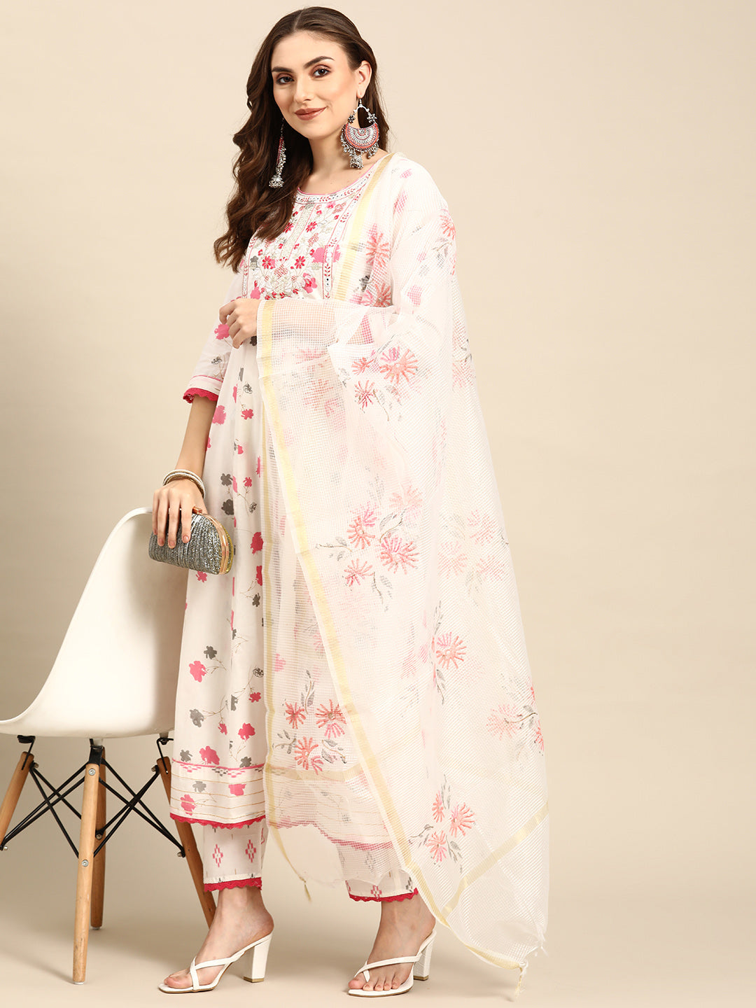 Embroidered Long A-Line Cotton Kurta Set With Dupatta