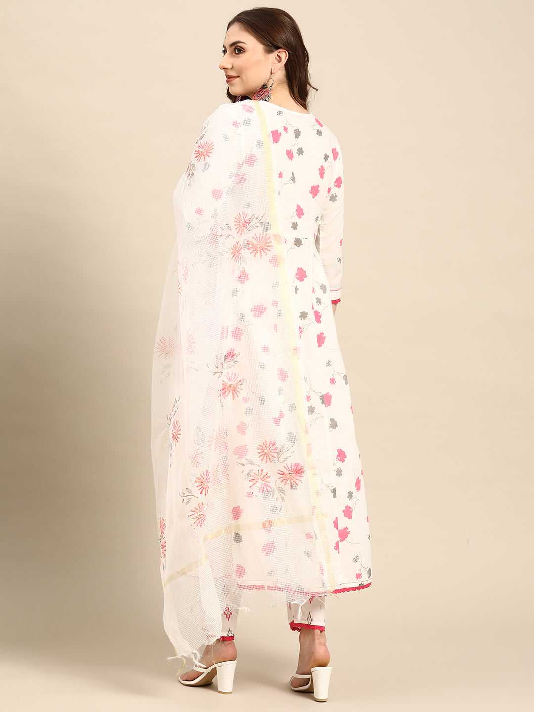 Embroidered Long A-Line Cotton Kurta Set With Dupatta
