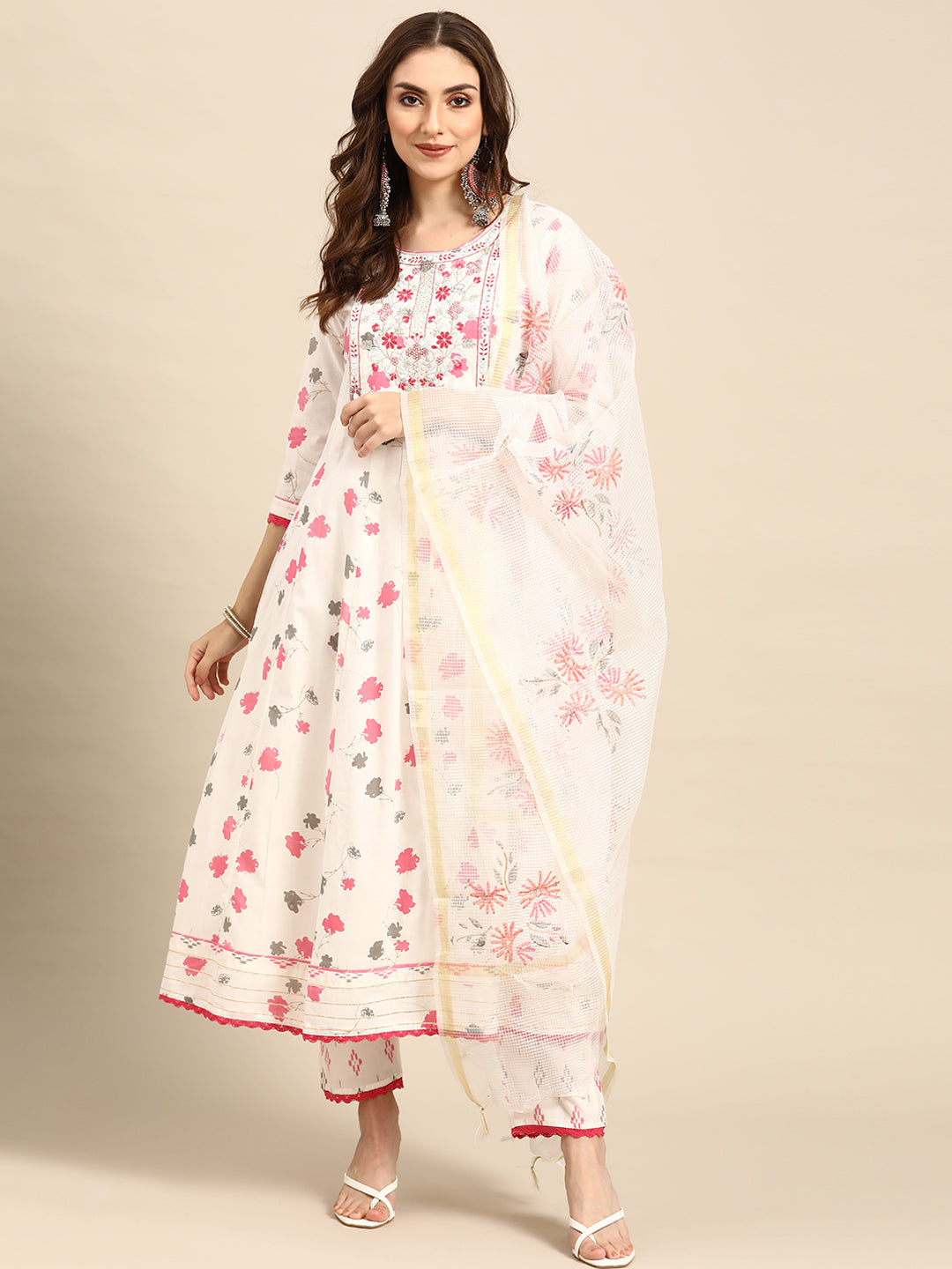 Embroidered Long A-Line Cotton Kurta Set With Dupatta