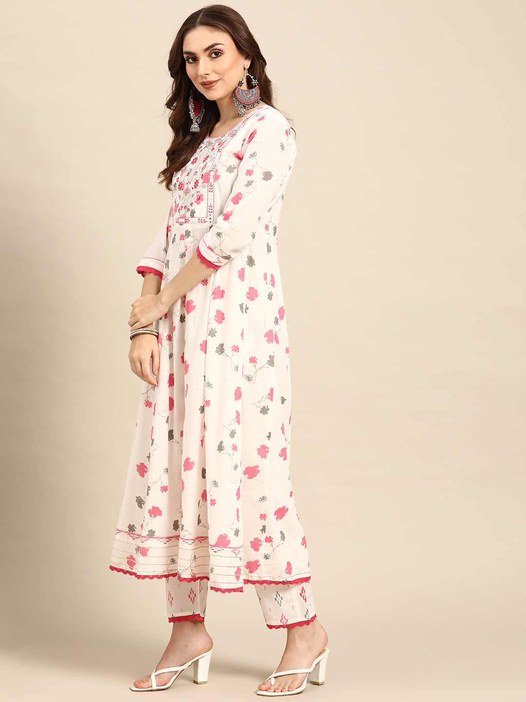 Embroidered Long A-Line Cotton Kurta Set With Dupatta