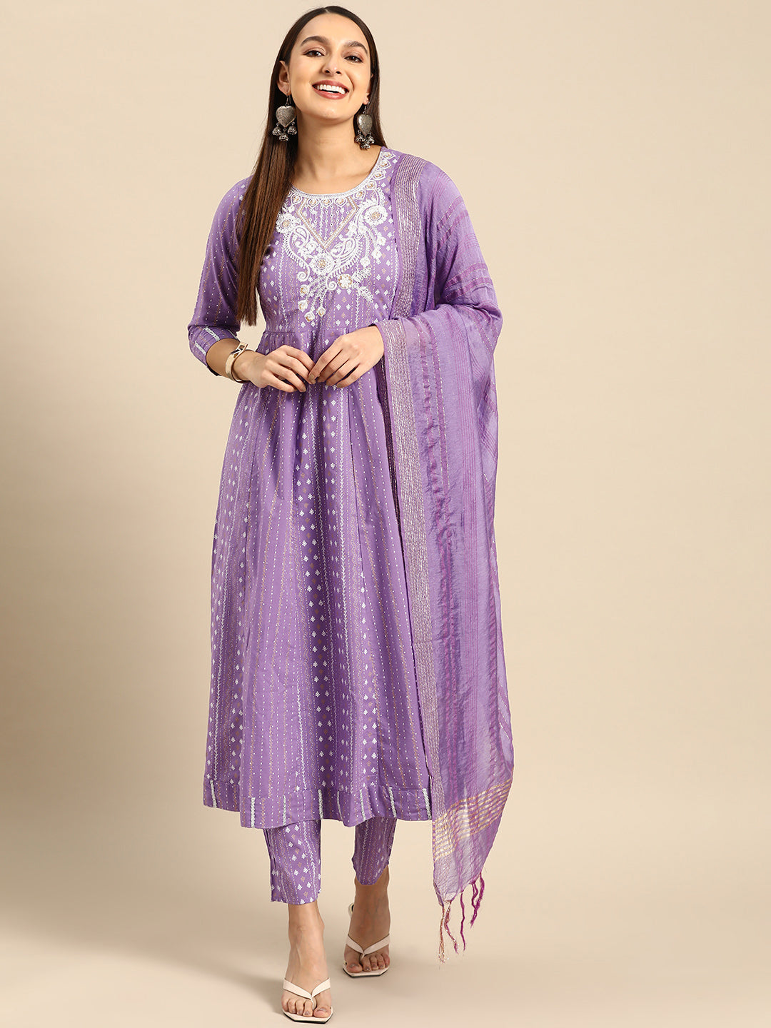 Embroidered Long A-line Cotton kurta Set With Dupatta