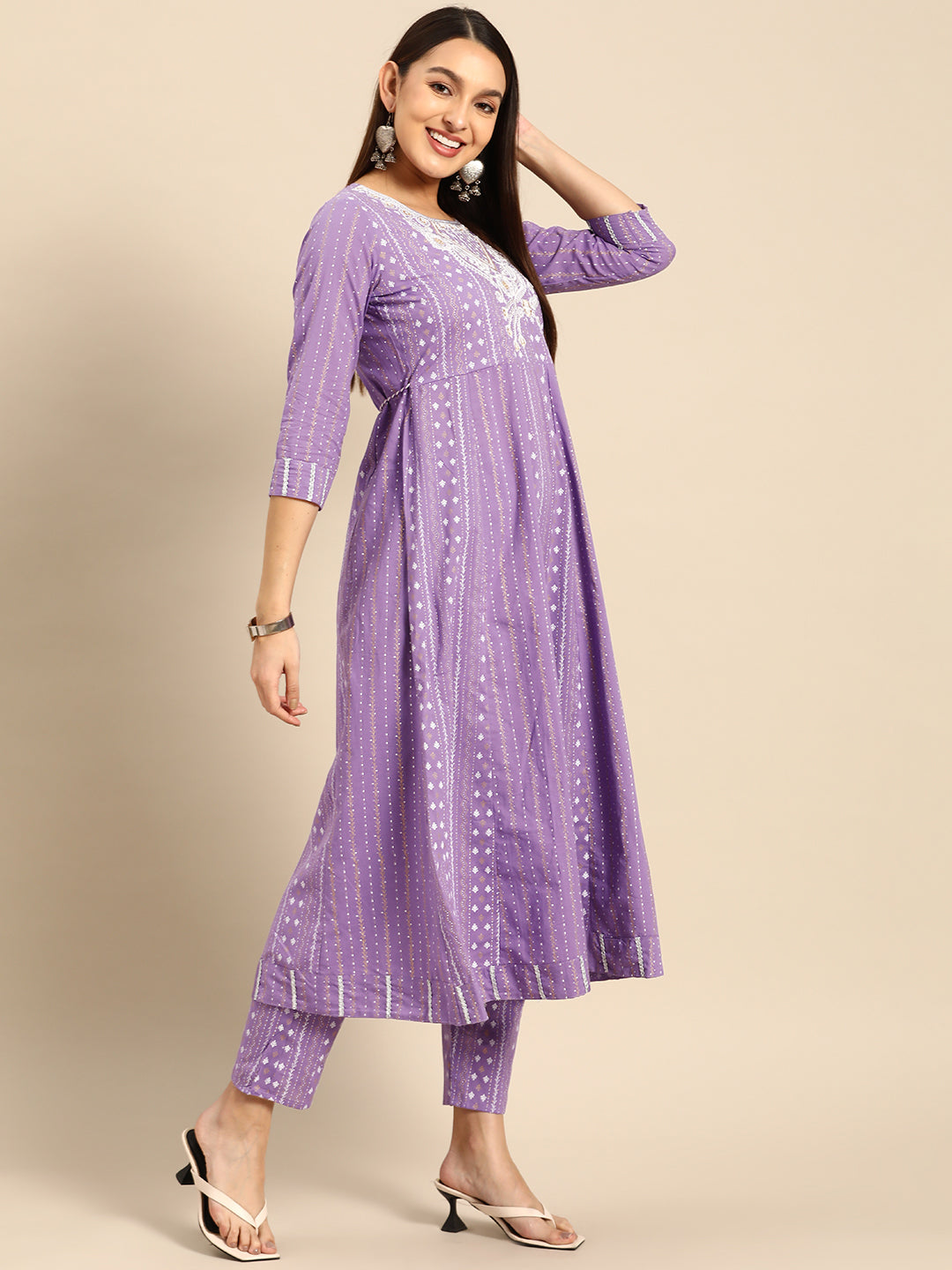 Embroidered Long A-line Cotton kurta Set With Dupatta