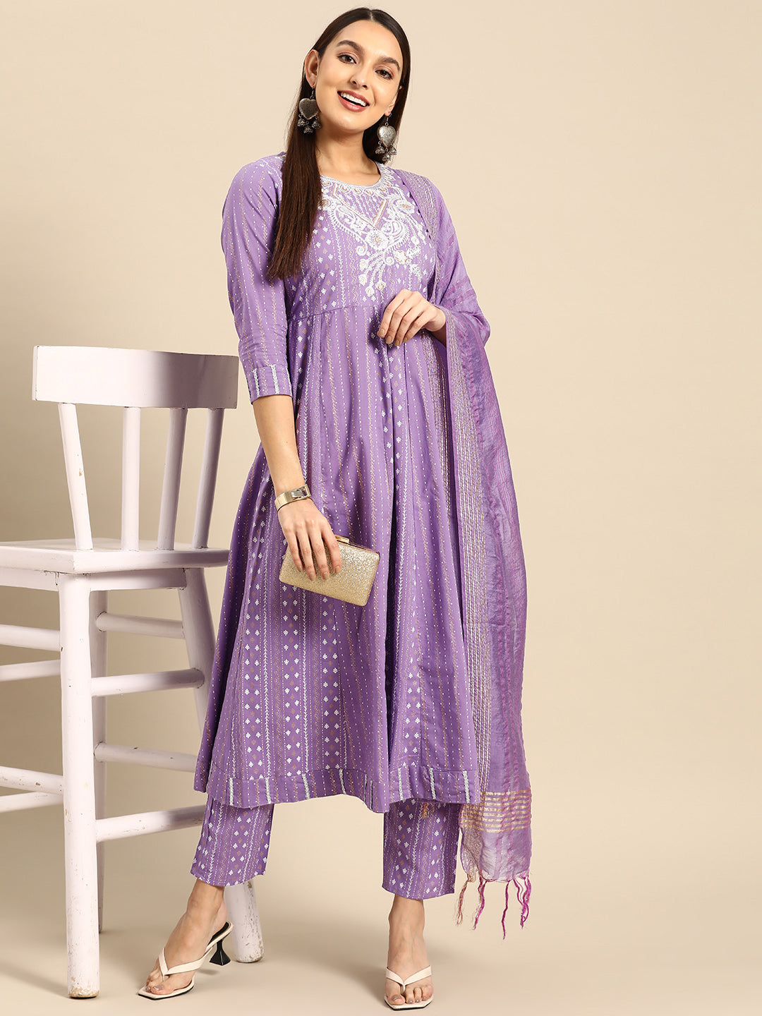 Embroidered Long A-line Cotton kurta Set With Dupatta