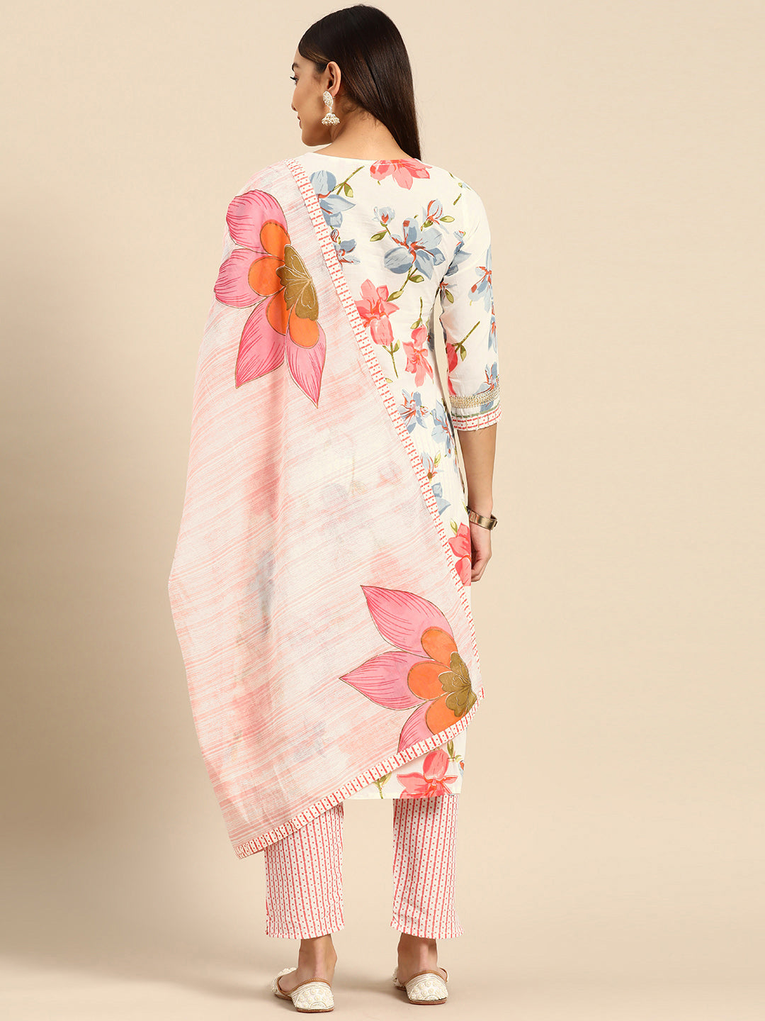 Embroidered Long Straight Cotton Kurta Bottom With Dupatta