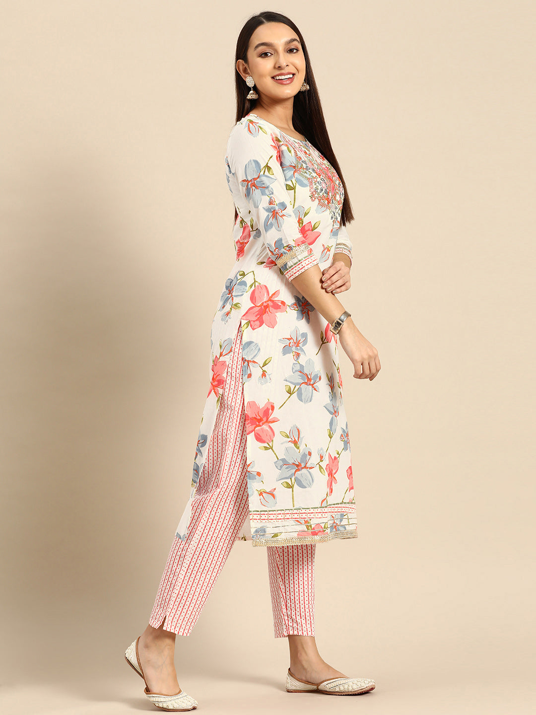 Embroidered Long Straight Cotton Kurta Bottom With Dupatta