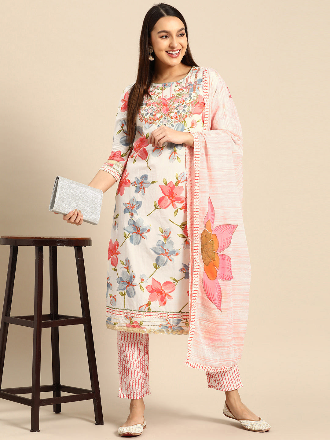 Embroidered Long Straight Cotton Kurta Bottom With Dupatta