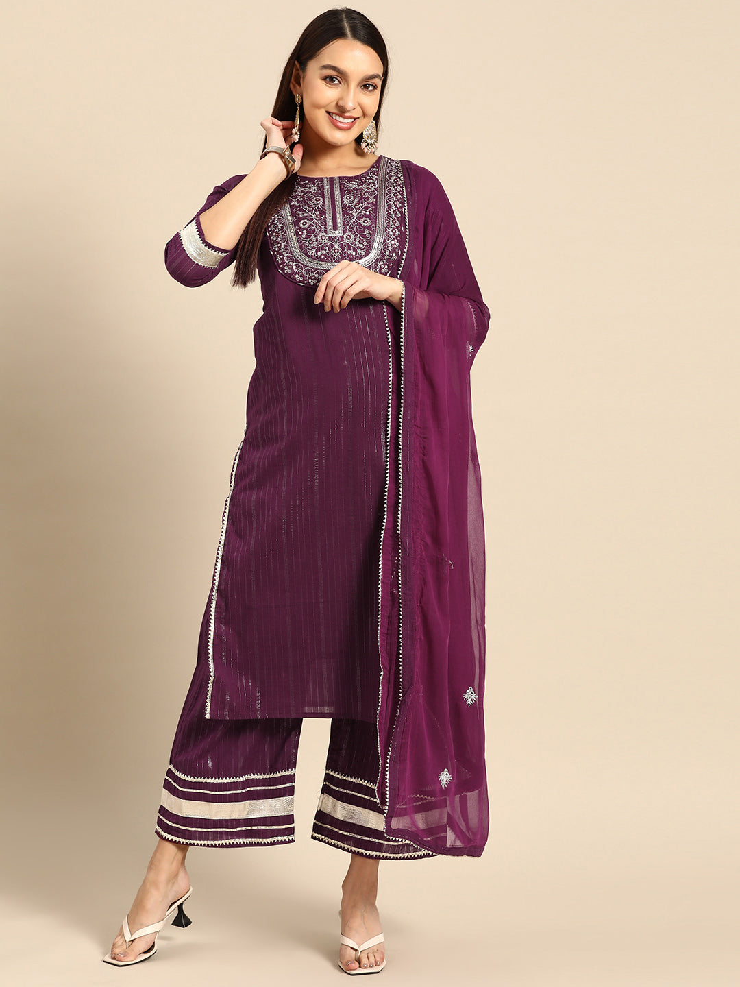 Embroidered Long Straight Cotton Kurta Bottom With Dupatta