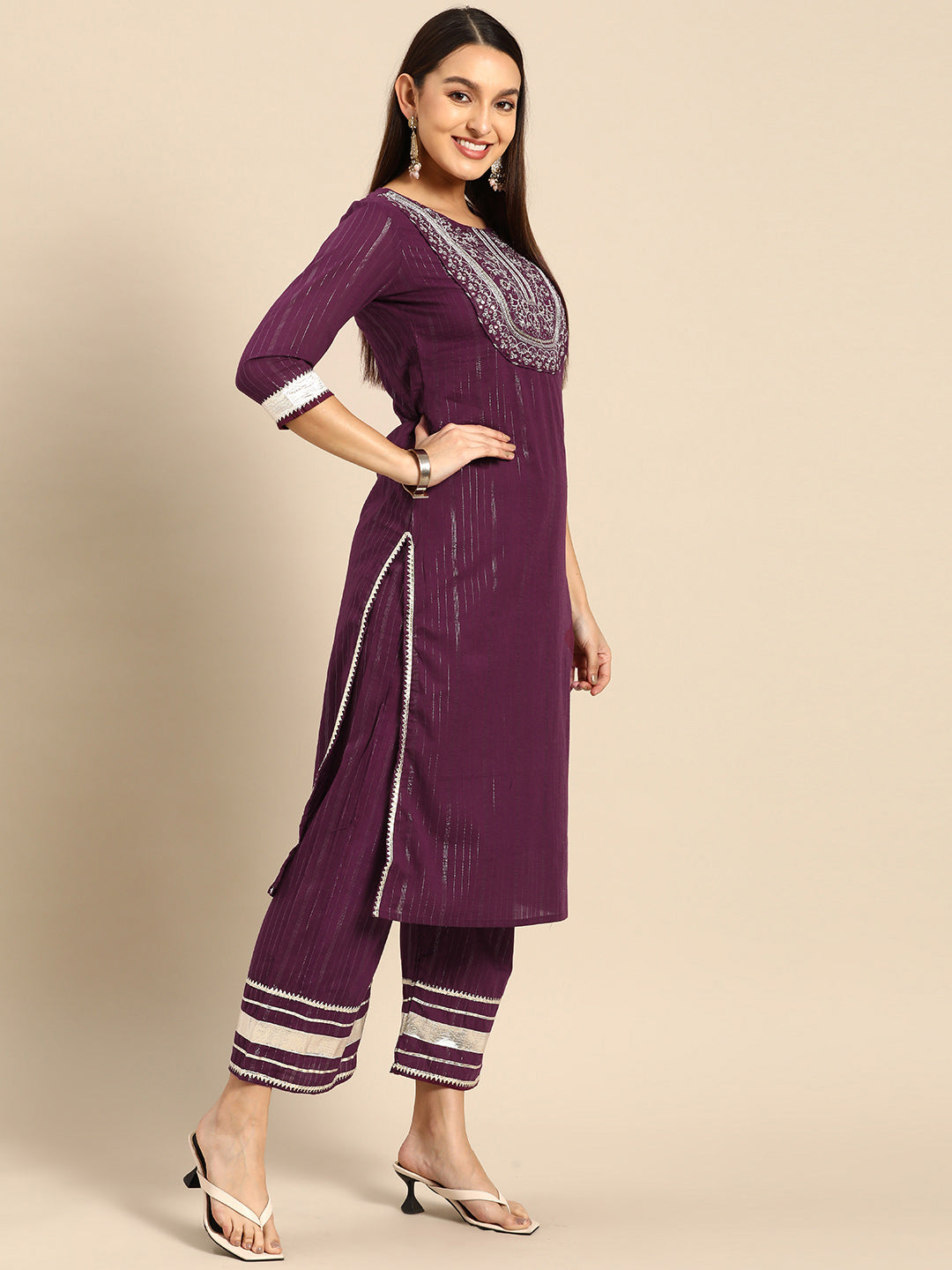 Embroidered Long Straight Cotton Kurta Bottom With Dupatta
