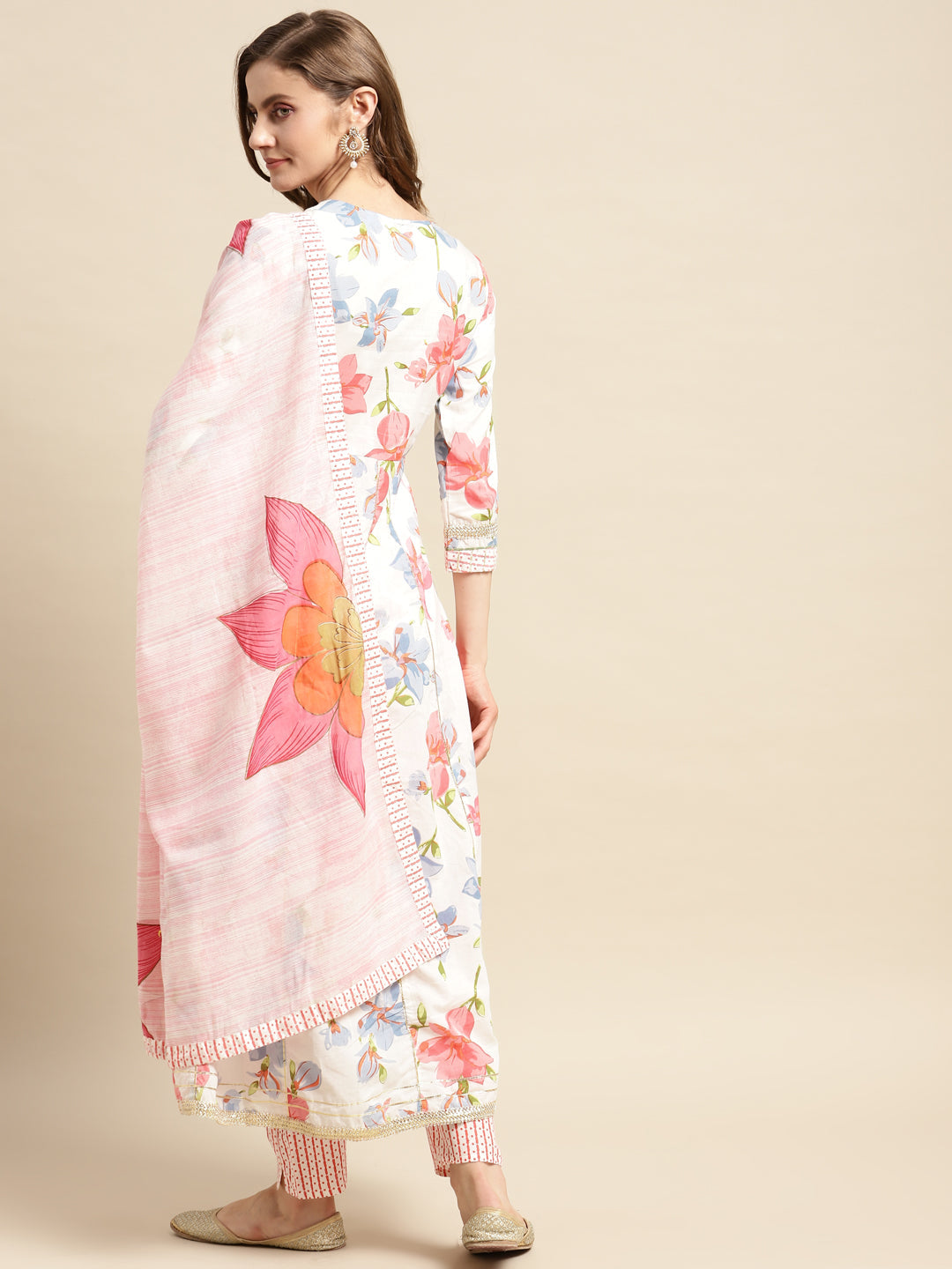 White Floral Yoke Design Mirror Work Kurta With Palazzos & Dupatta