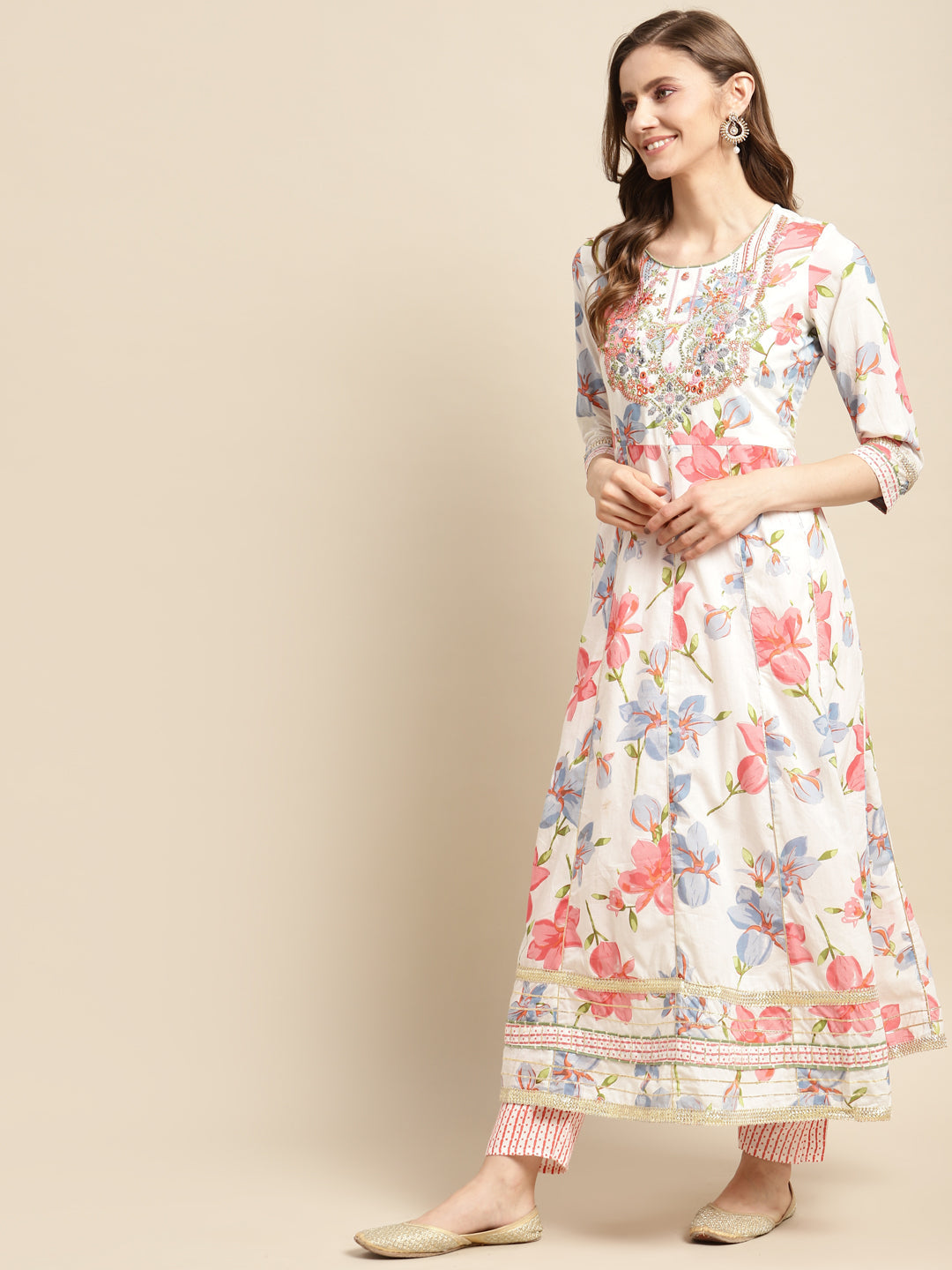White Floral Yoke Design Mirror Work Kurta With Palazzos & Dupatta