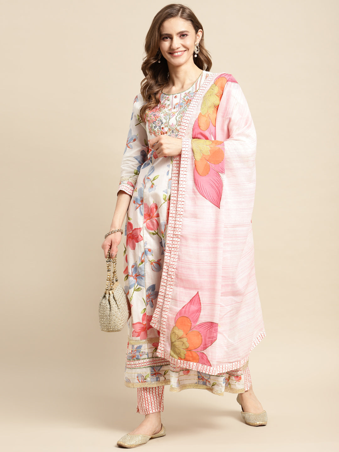 White Floral Yoke Design Mirror Work Kurta With Palazzos & Dupatta