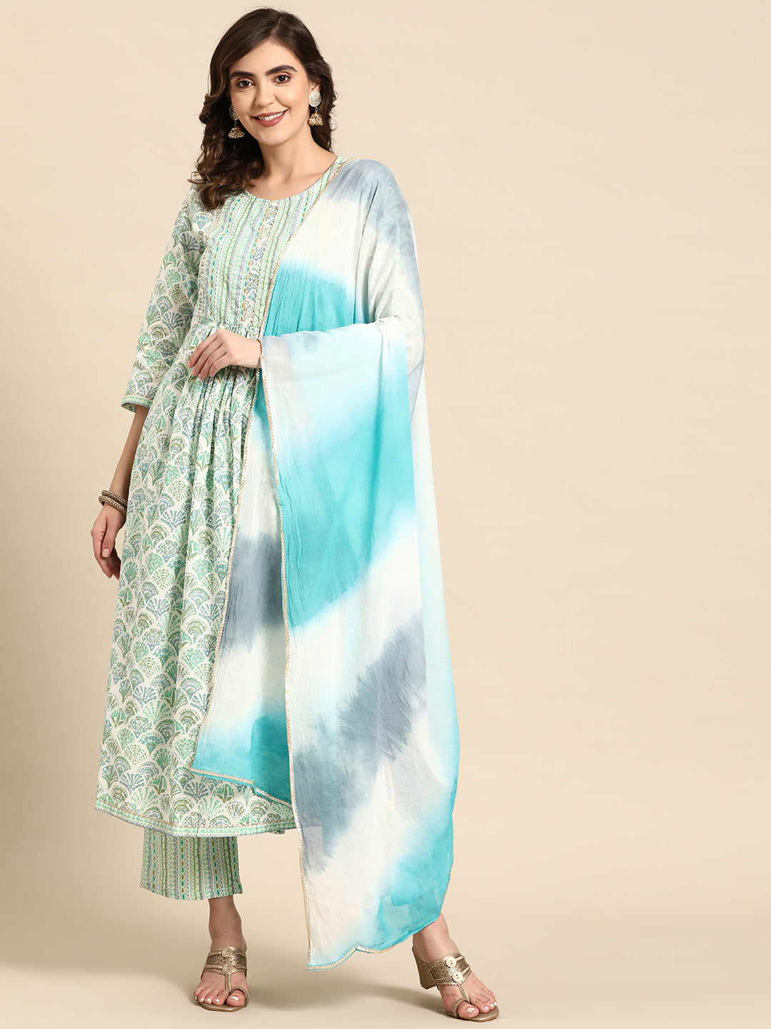 Embroidered Long Straight Cotton Kurta Pant With Dupatta
