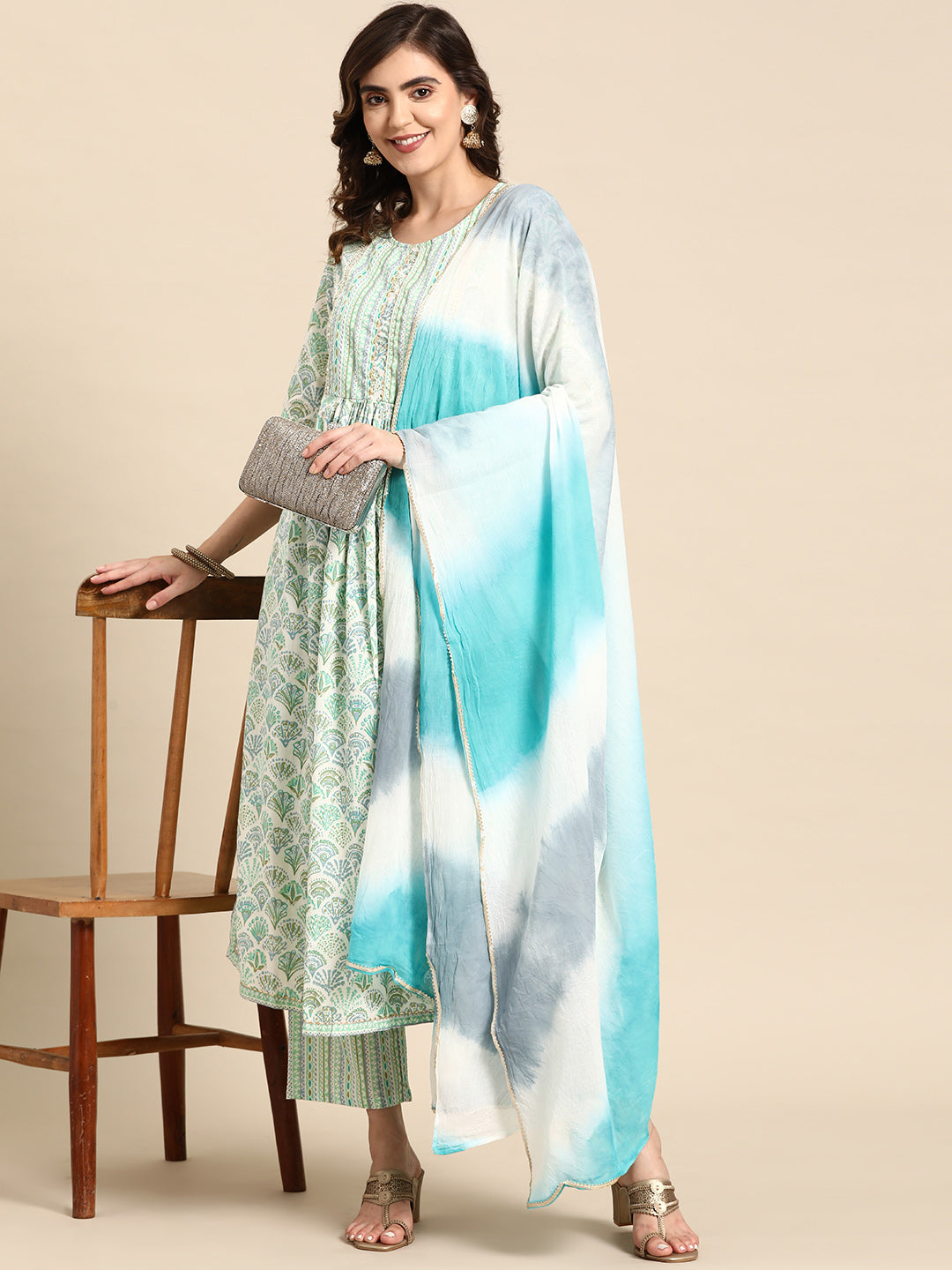 Embroidered Long Straight Cotton Kurta Pant With Dupatta