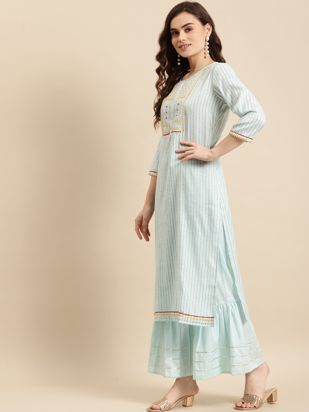 Embroidered Long Straight Cotton Blend Kurta Bottom With Dupatta