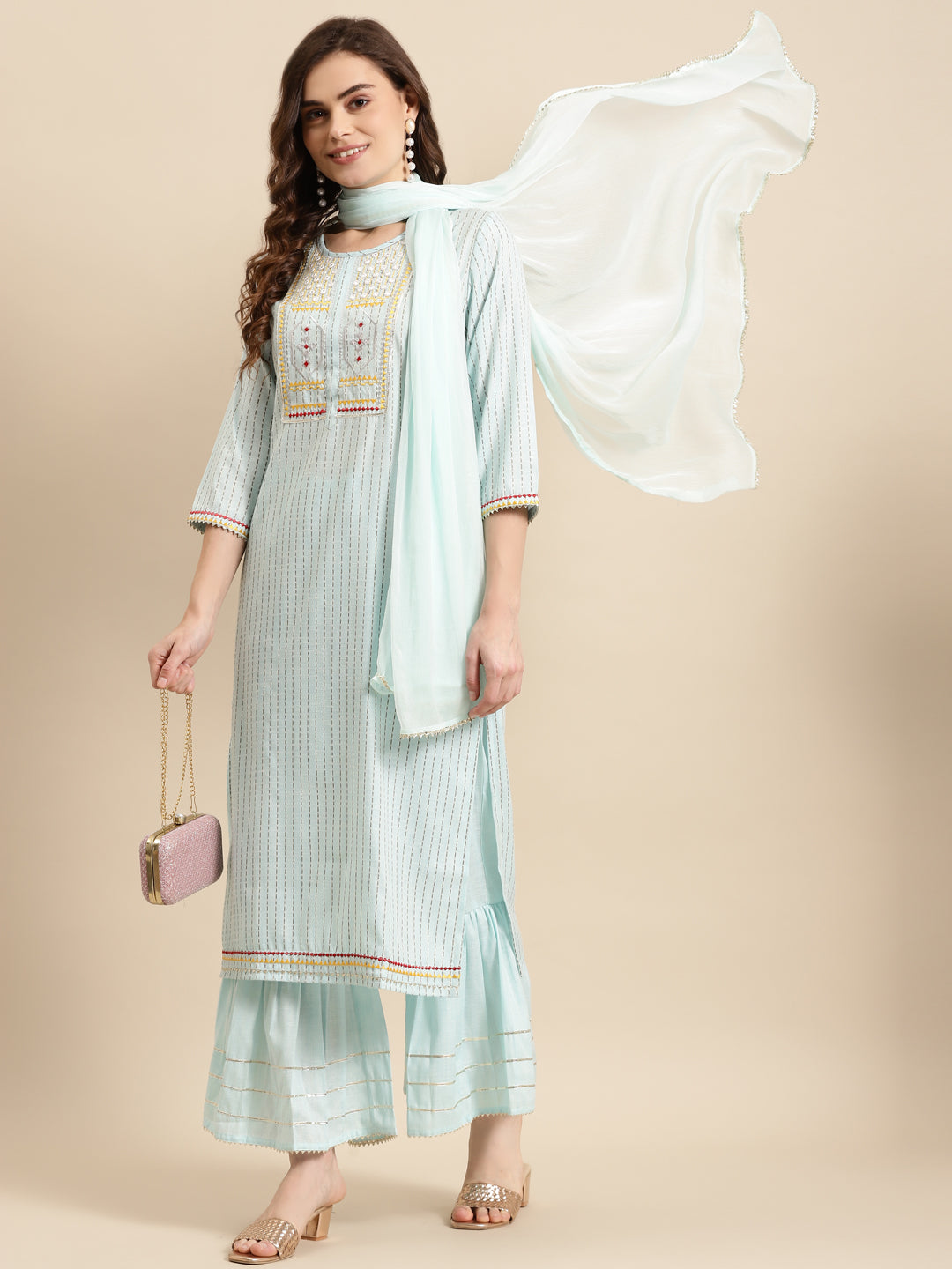 Embroidered Long Straight Cotton Blend Kurta Bottom With Dupatta