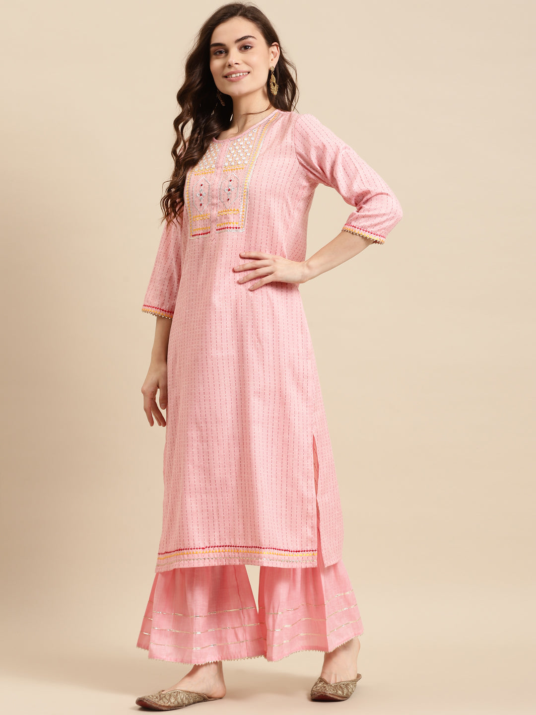Embroidered Long Straight Cotton Blend Kurta Bottom With Dupatta