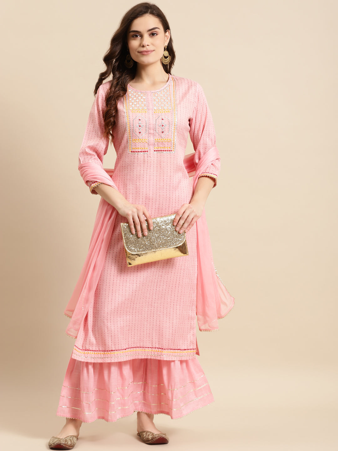 Embroidered Long Straight Cotton Blend Kurta Bottom With Dupatta