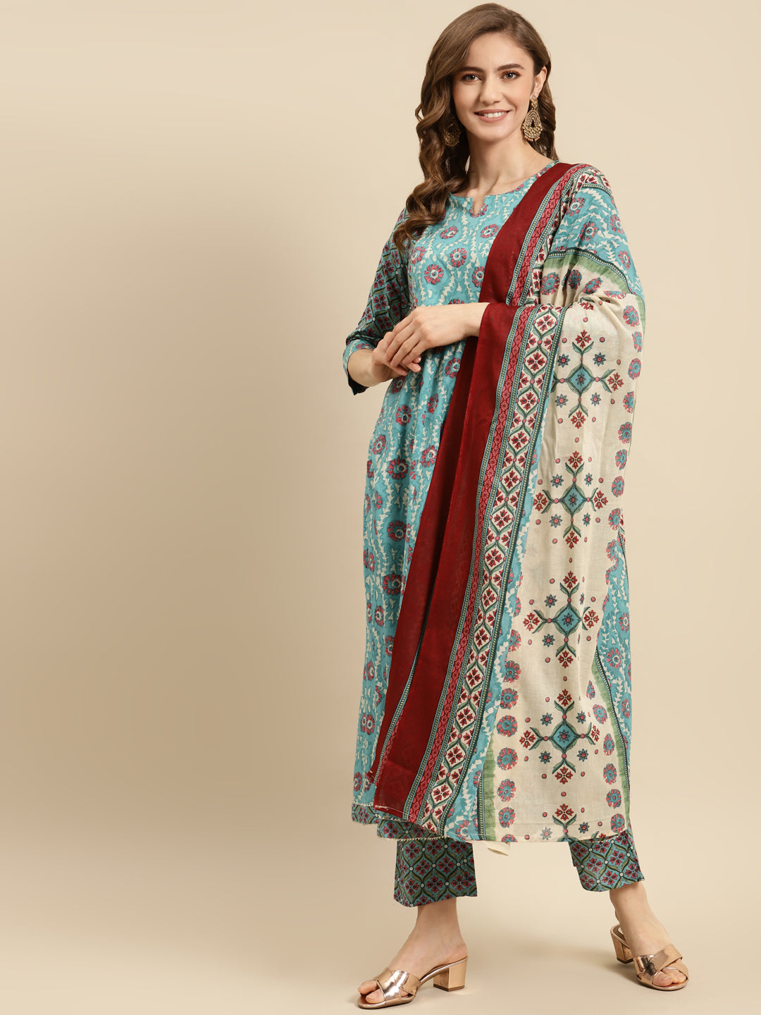 Printed Long A-line Cotton Blend kurta Set