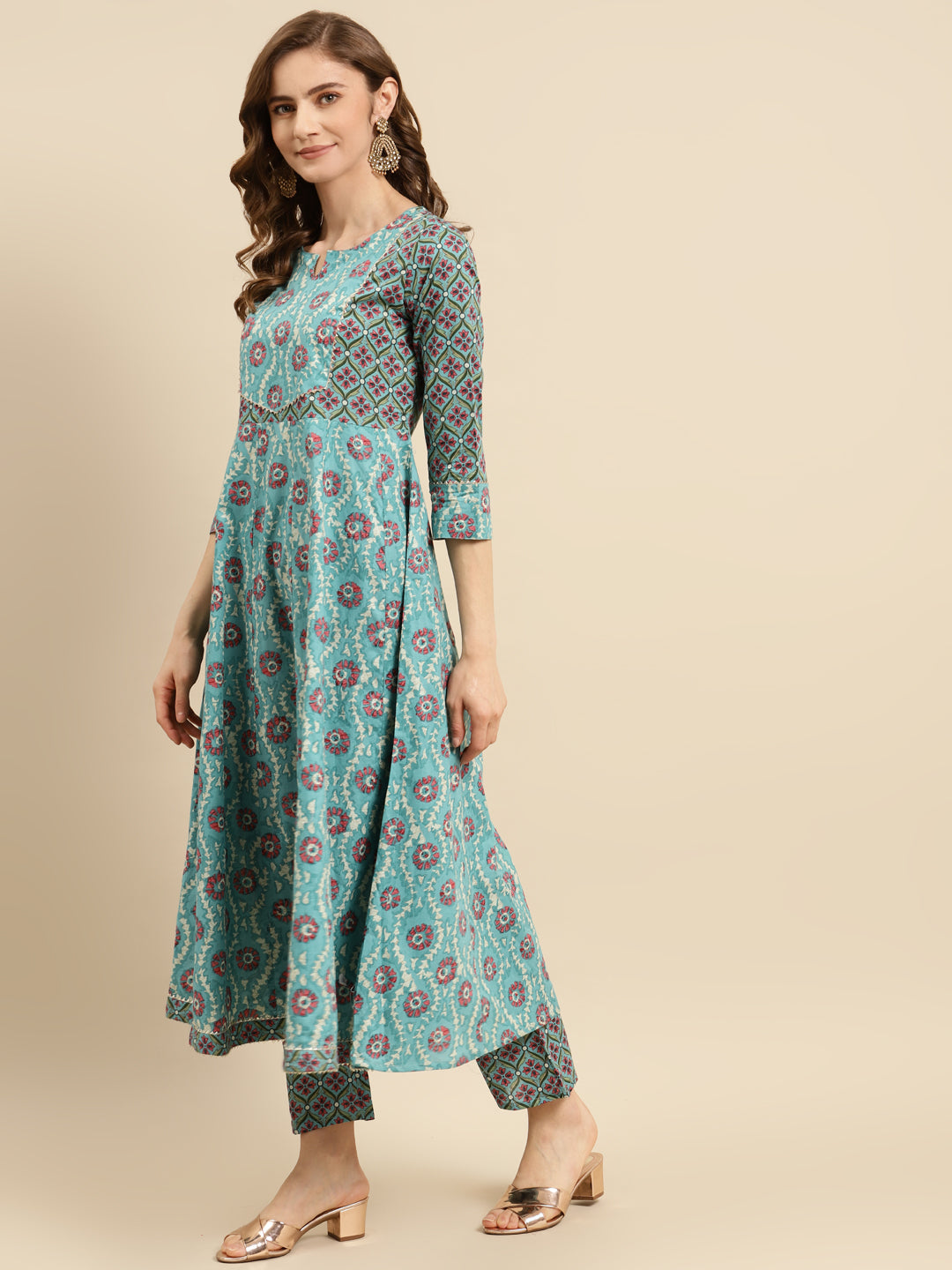 Printed Long A-line Cotton Blend kurta Set