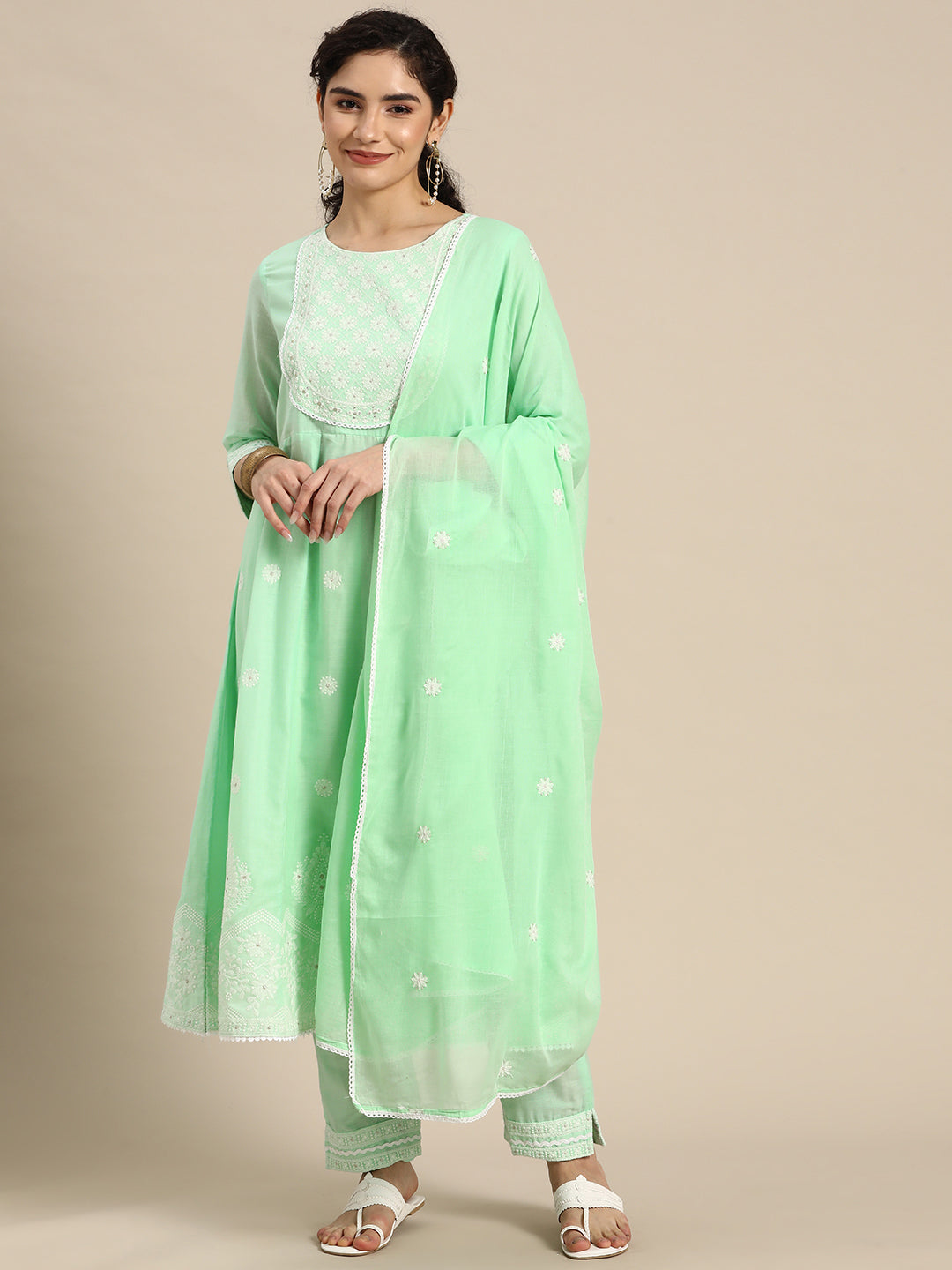 Embroidered Long A-line Cotton kurta Set