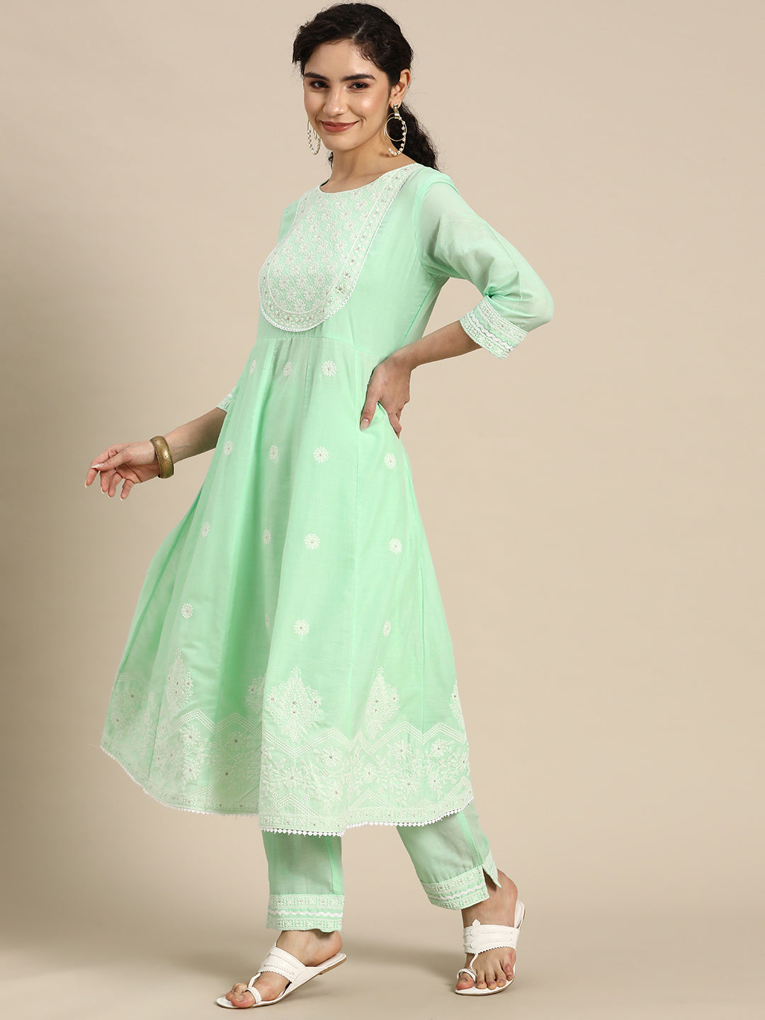 Embroidered Long A-line Cotton kurta Set