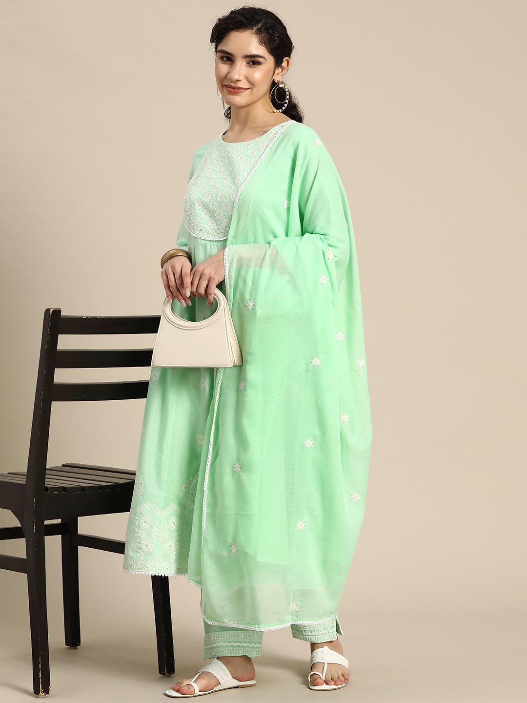 Embroidered Long A-line Cotton kurta Set