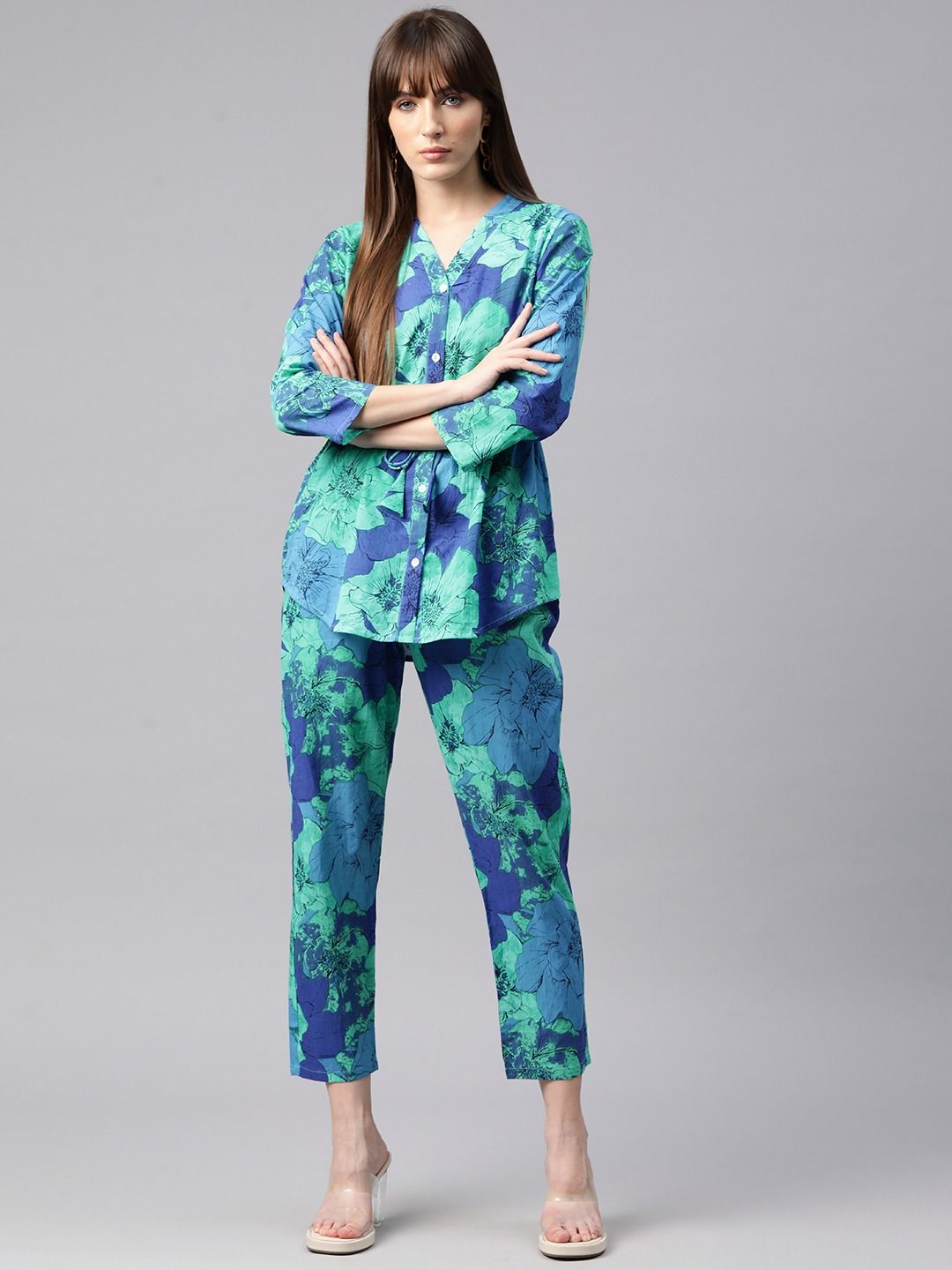Shirt Style Cotton Fabric Blue Color Co-Ord Set