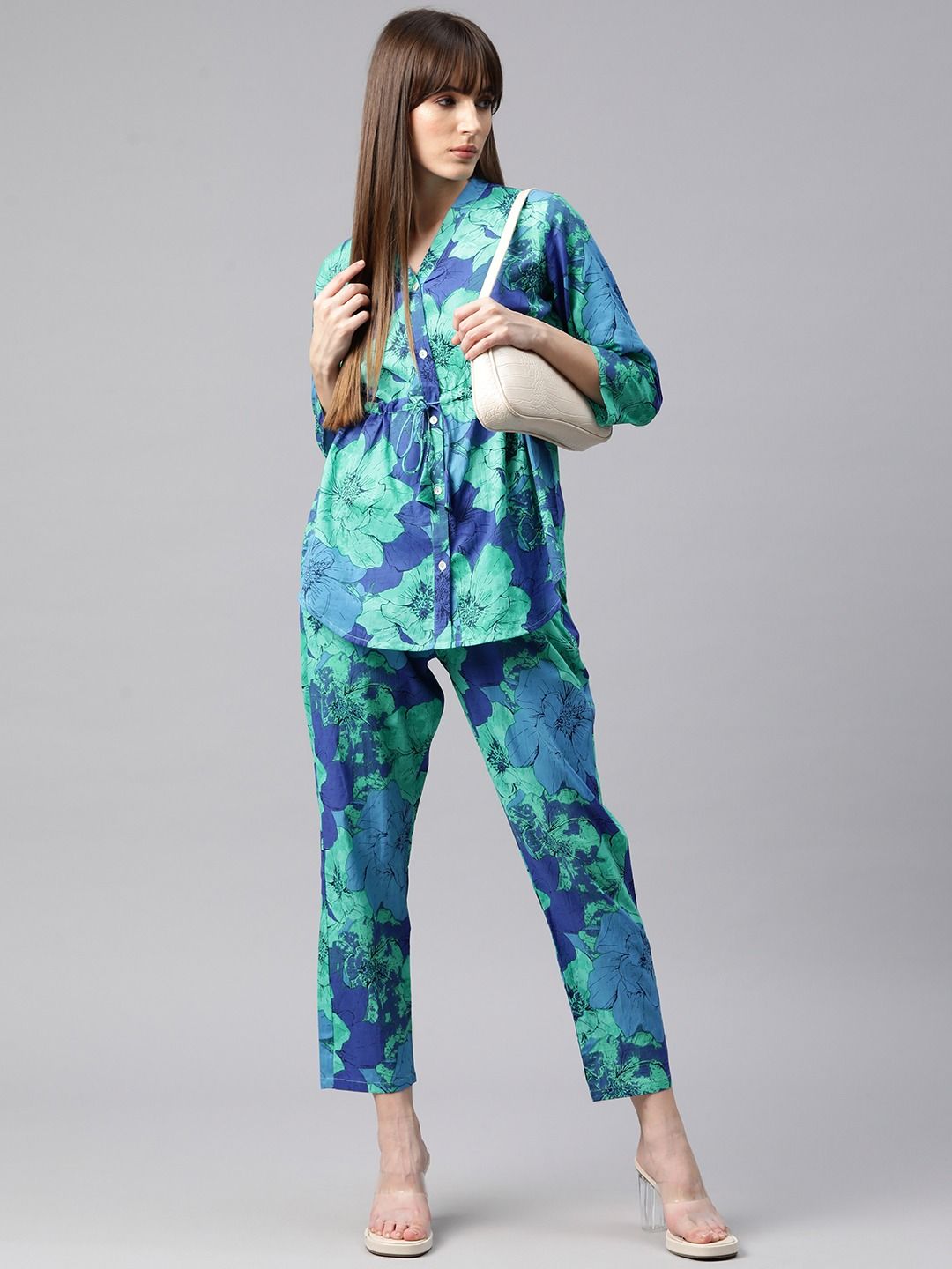 Shirt Style Cotton Fabric Blue Color Co-Ord Set